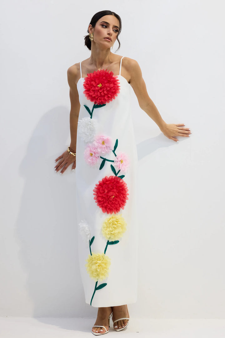 Abito Lungo con Fiori Tridimensionali