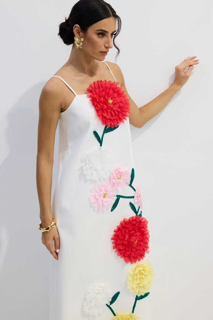 Abito Lungo con Fiori Tridimensionali