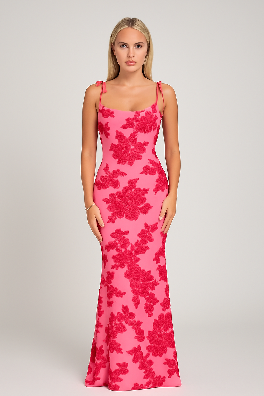 Abito Lungo Fucsia con Ricami
