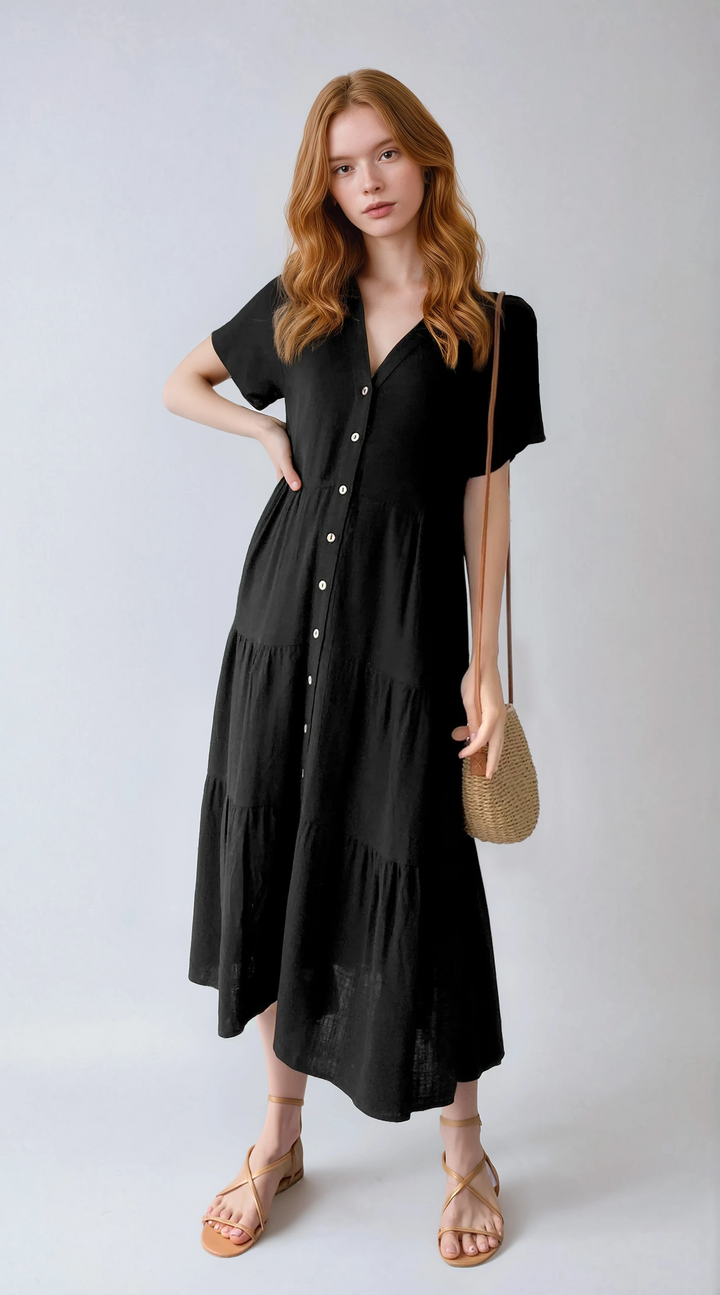 Abito Midi Nero Stile Camicia
