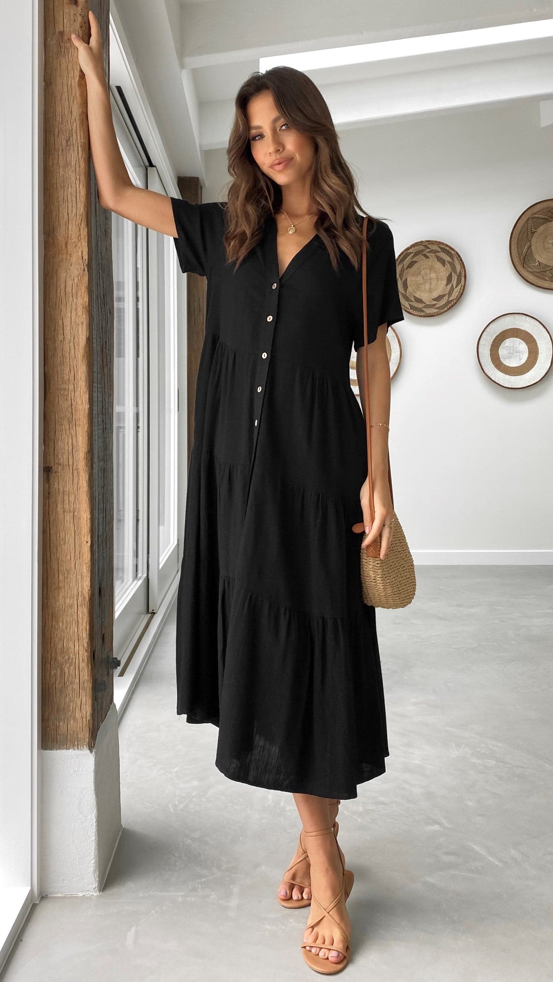 Abito Midi Nero Stile Camicia