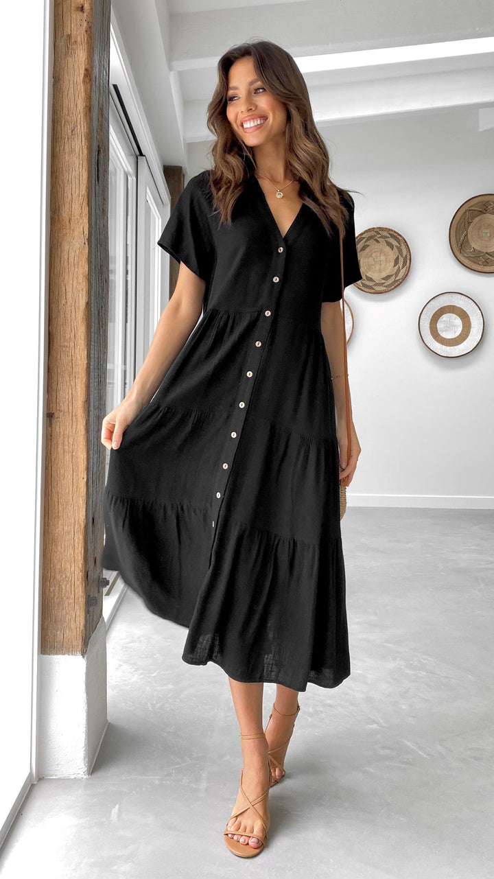 Abito Midi Nero Stile Camicia