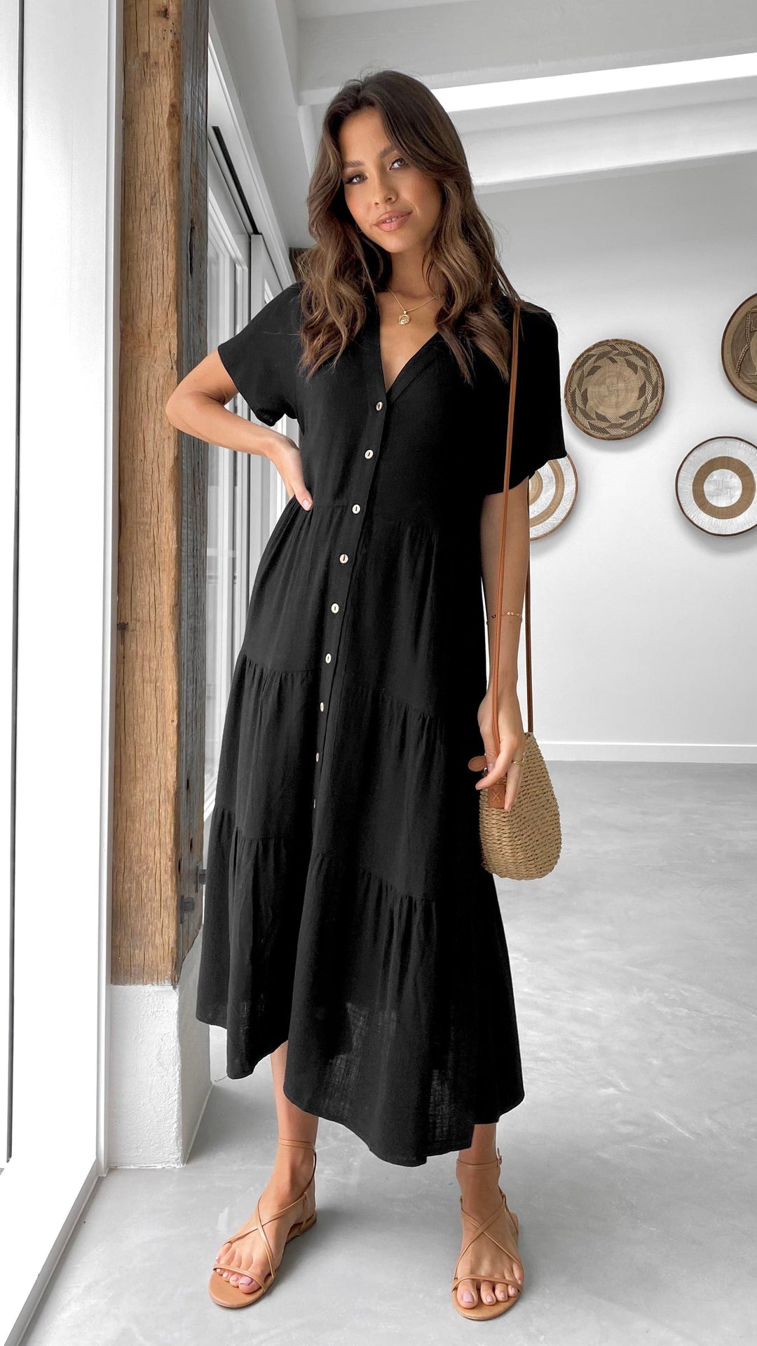 Abito Midi Nero Stile Camicia