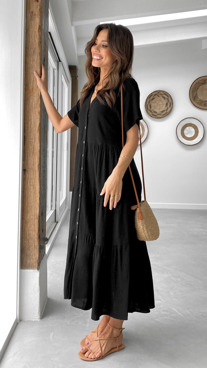Abito Midi Nero Stile Camicia