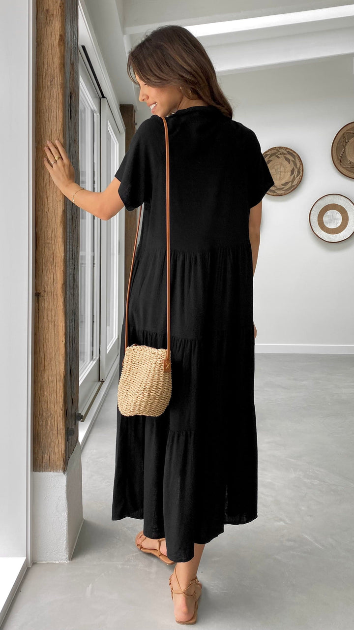 Abito Midi Nero Stile Camicia