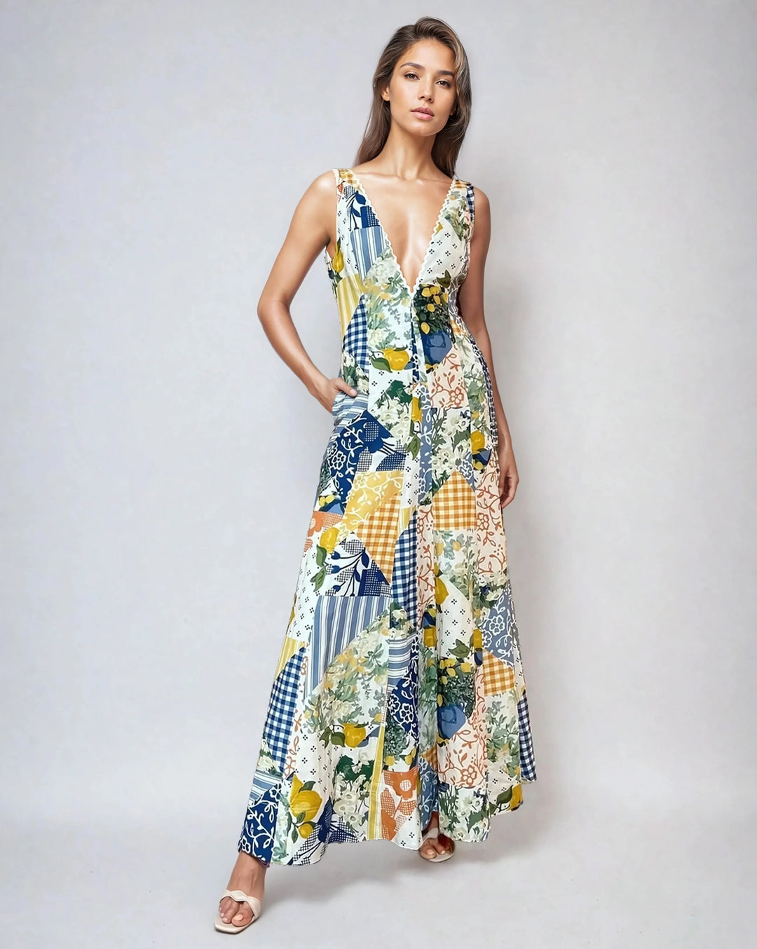 Abito Maxi a Fantasia Patchwork