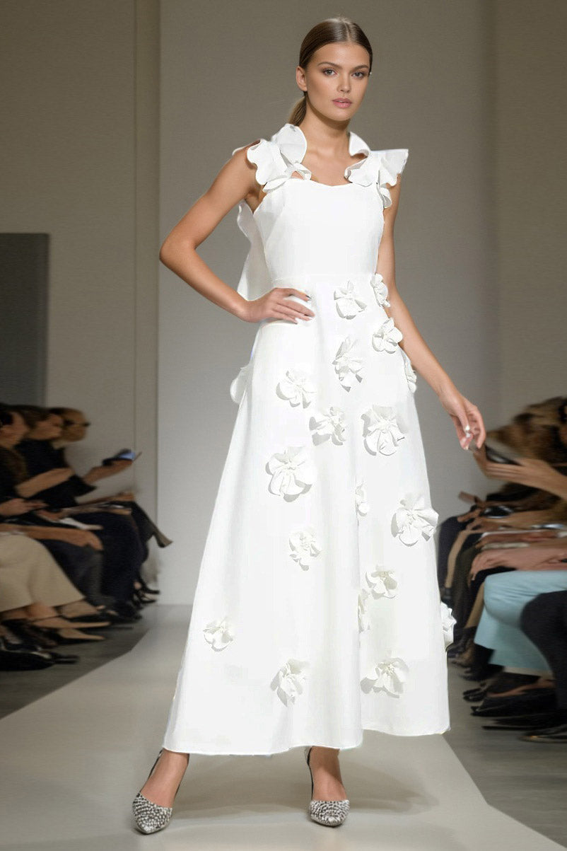 Abito Lungo con Fiori Bianchi