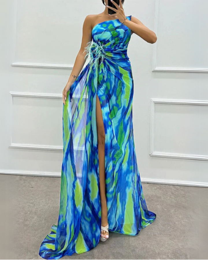 Abito Maxi Drappeggiato con Spacco