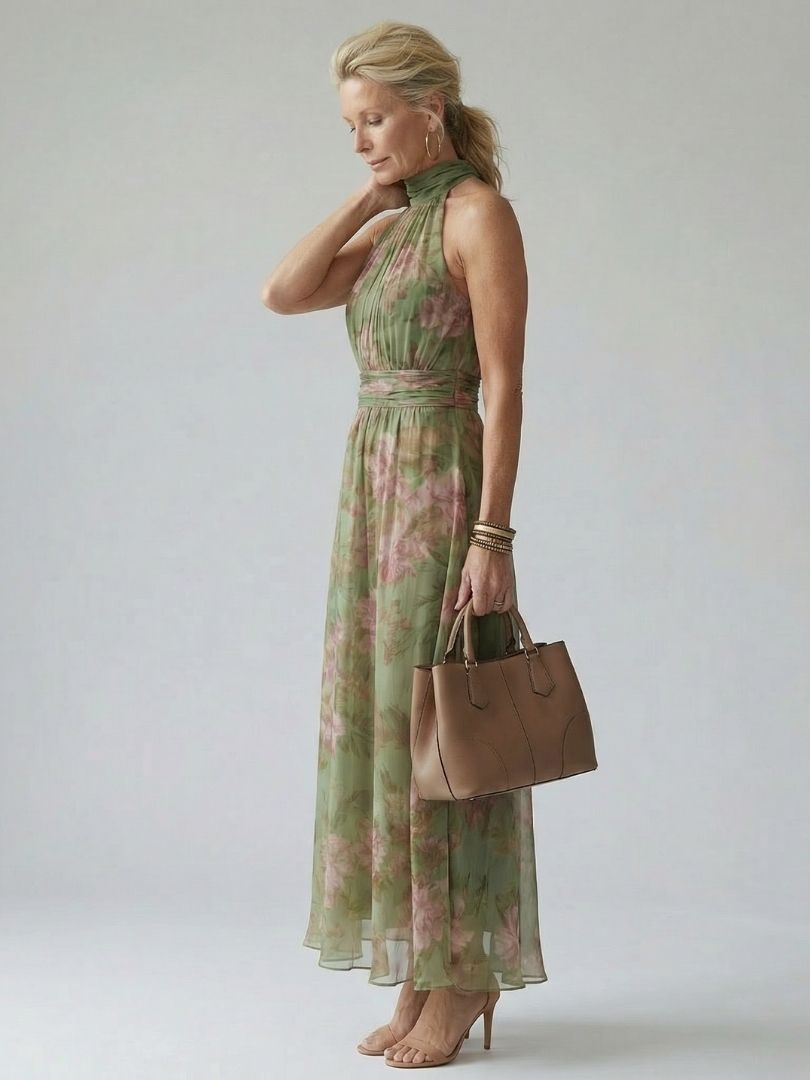 Abito Midi Halter Floreale Verde