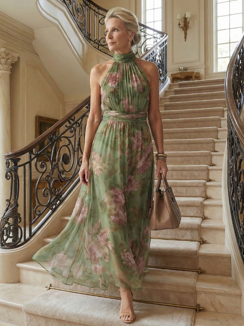 Abito Midi Halter Floreale Verde