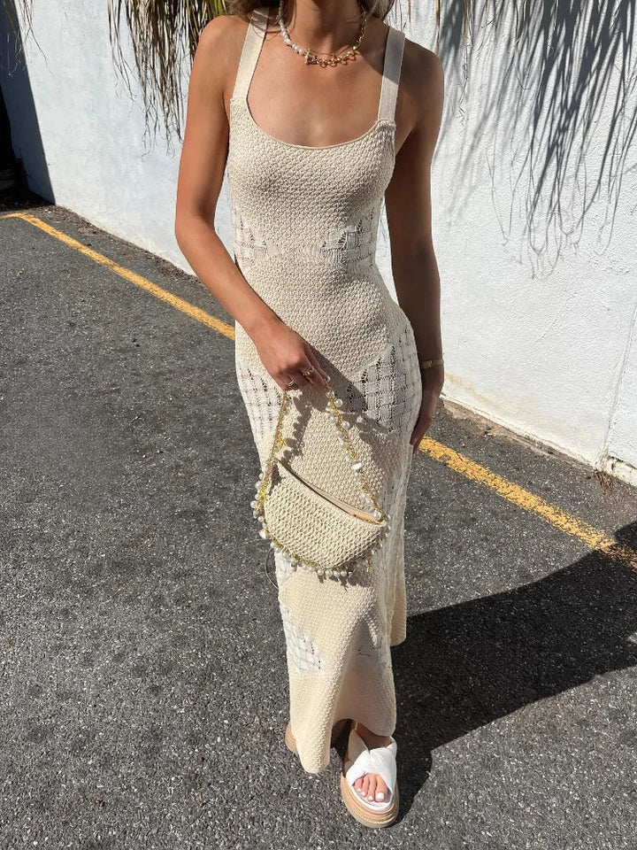 Abito Lungo Traforato Beige