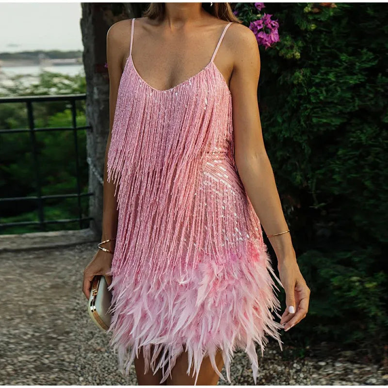 Vestito Corto con Frange e Piume