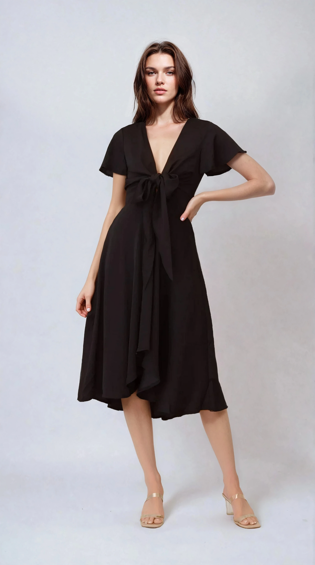 Abito Midi Nero con Fiocco
