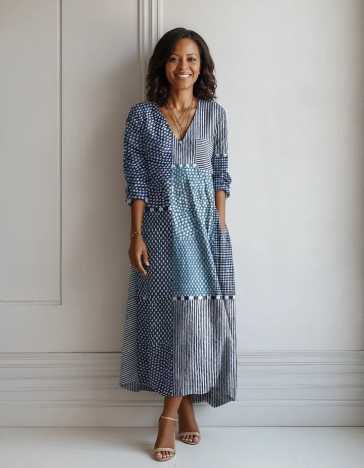 Abito Midi Patchwork Blu