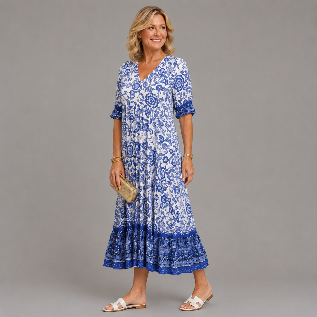Vestito Lungo a Fiori con Bordo