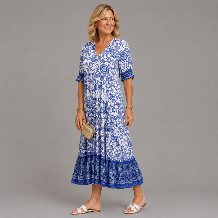 Vestito Lungo a Fiori con Bordo
