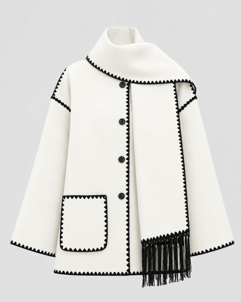 Cappotto con Sciarpa e Bordi Ricamati