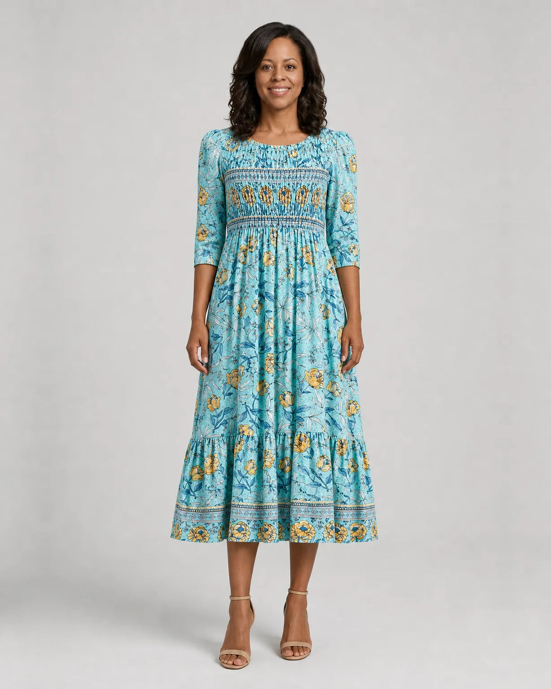 Abito Midi Floreale con Punto Smock