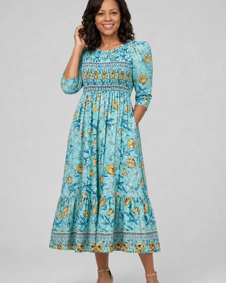 Abito Midi Floreale con Punto Smock