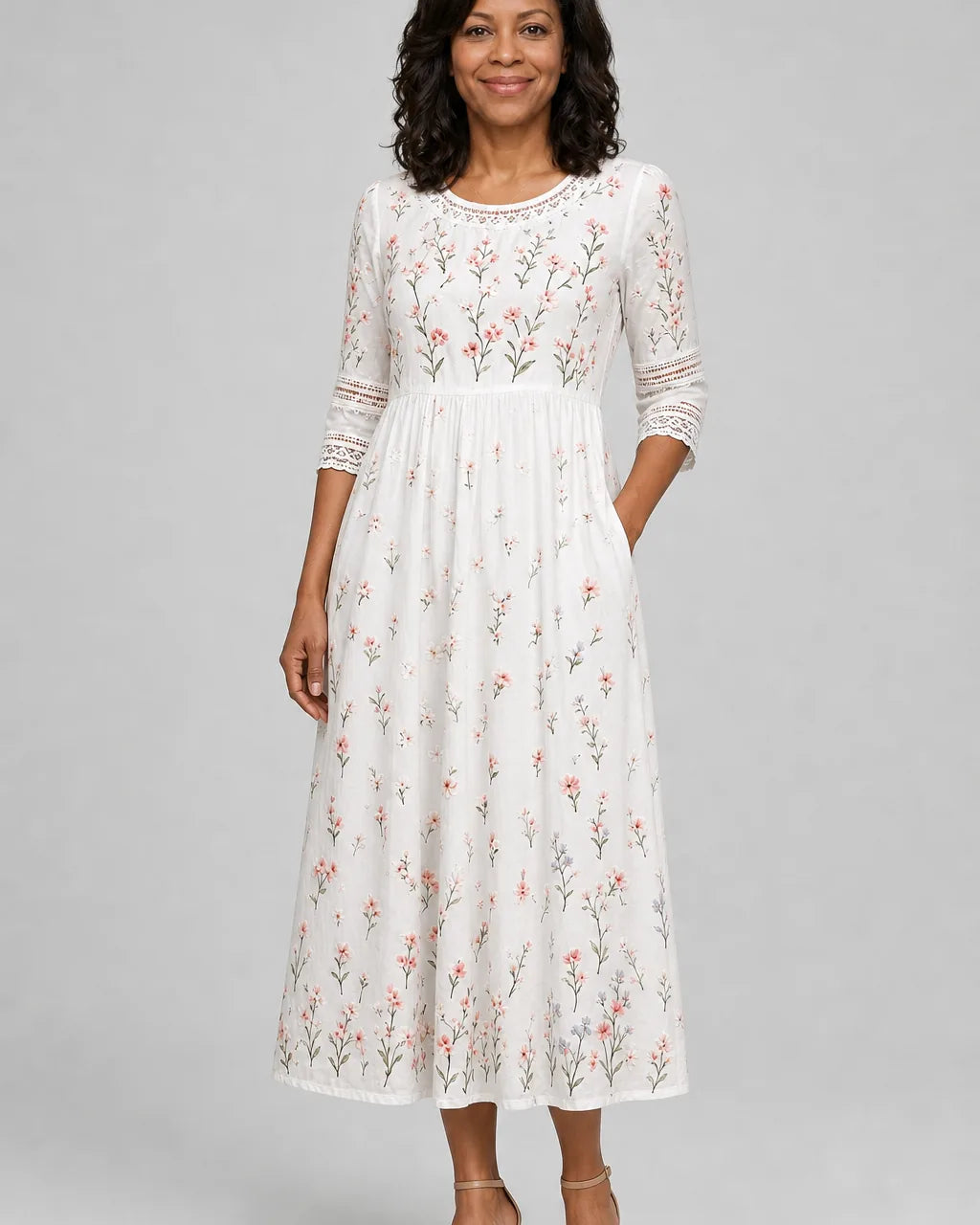Abito Midi Floreale con Inserti
