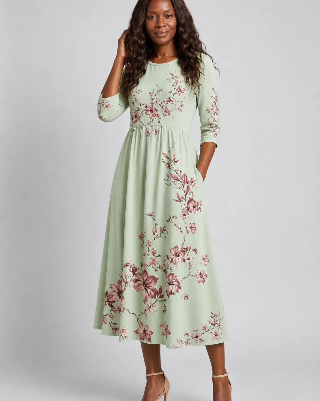 Vestito Midi Verde a Fiori