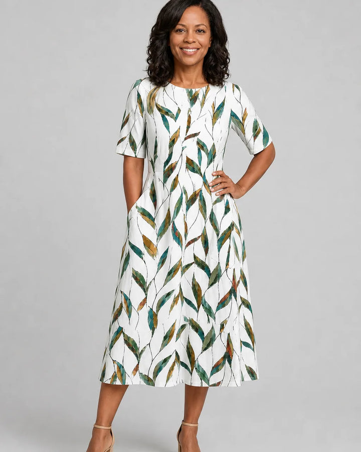 Vestito Midi a Foglie Verdi