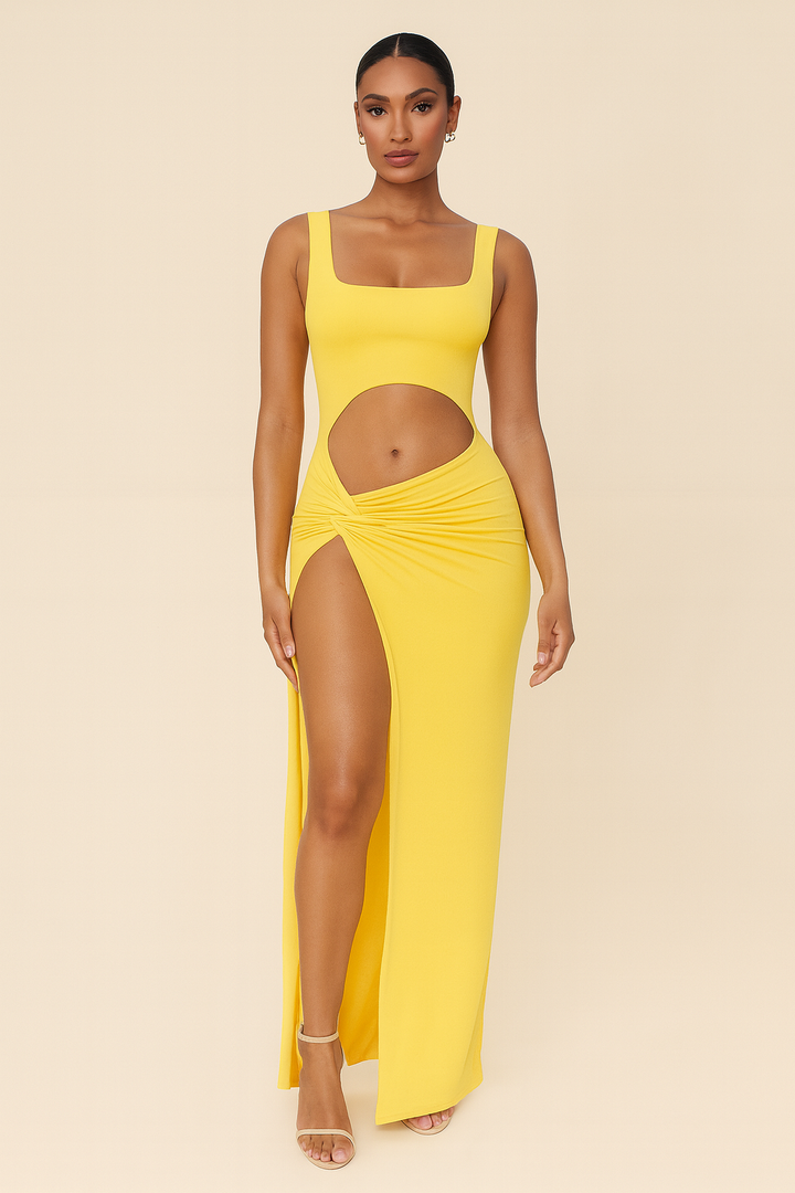 Abito Lungo Giallo con Cut-Out