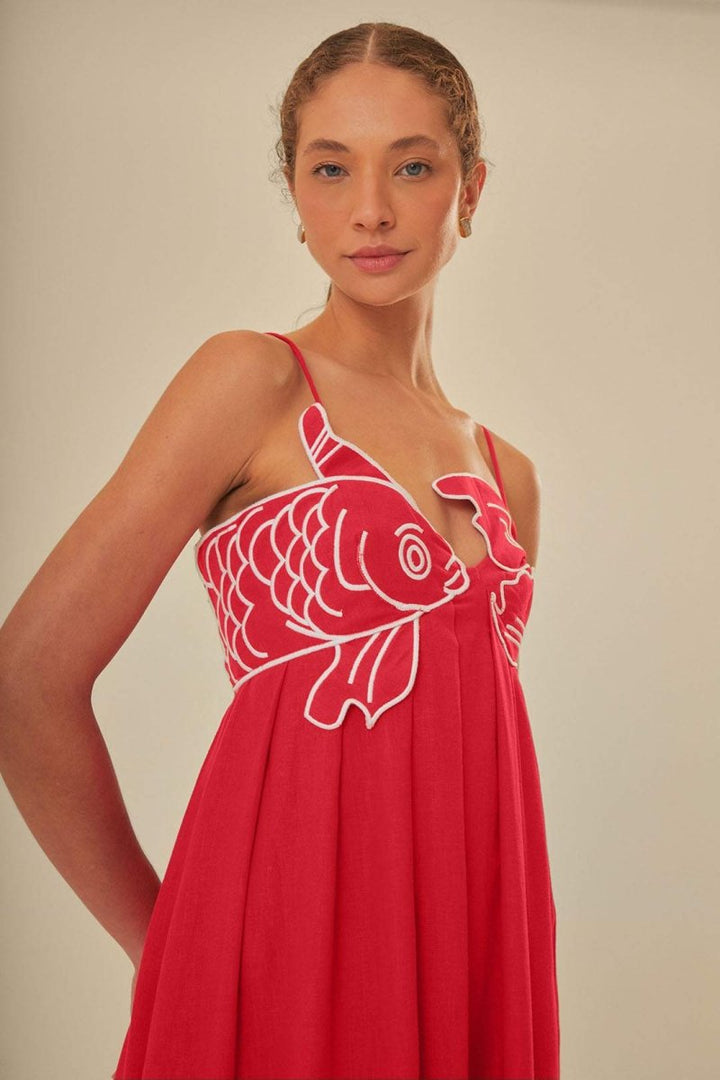 Abito Lungo con Ricamo a Contrasto