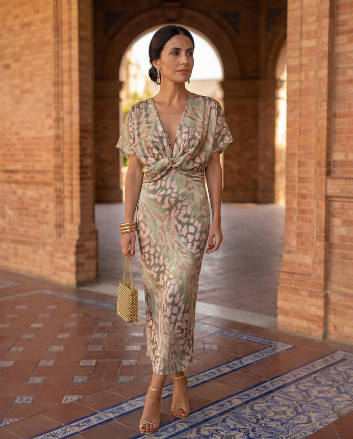Abito Midi Animalier con Nodo