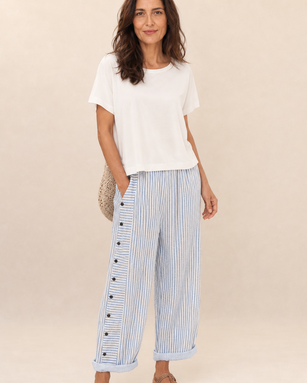 Pantaloni a Righe con Bottoni