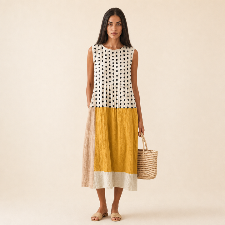 Abito Midi a Pois Colorblock