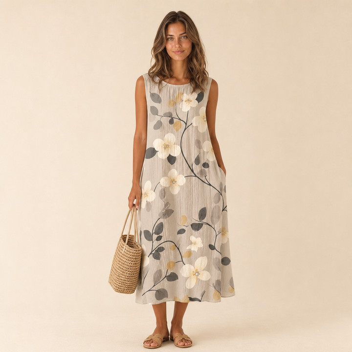 Abito Midi Beige a Fiori