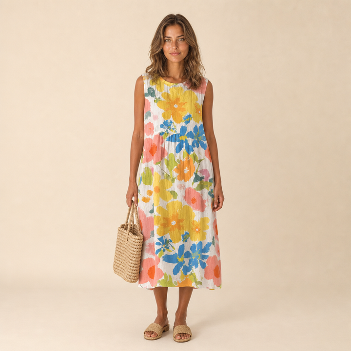 Vestito Midi Smanicato a Fiori