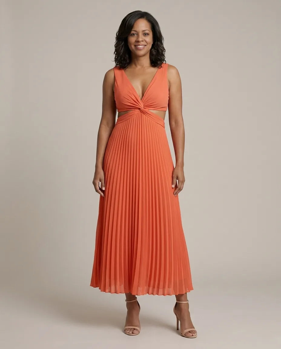 Abito Midi Plissettato con Cut-Out